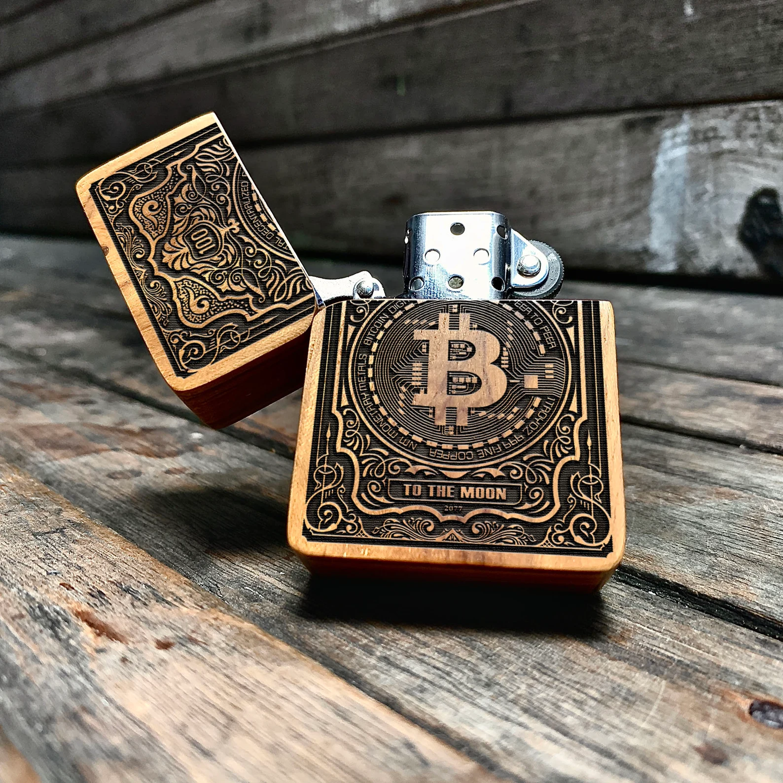 Bitcoin Java Teakwood Engraved Lighter